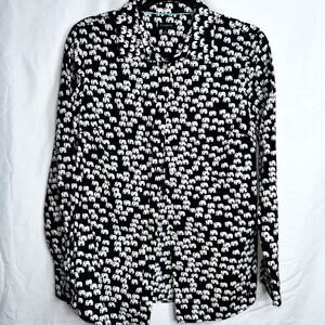 Talbots Womens Sz Medium Navy Blue White Elephant Pattern Long Sleeve Button Up